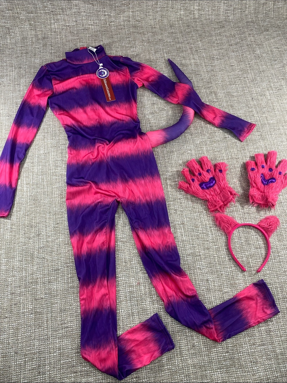 14+ adult Xs Fuchsia & Purple Striped Costume Catsuit with Accessories